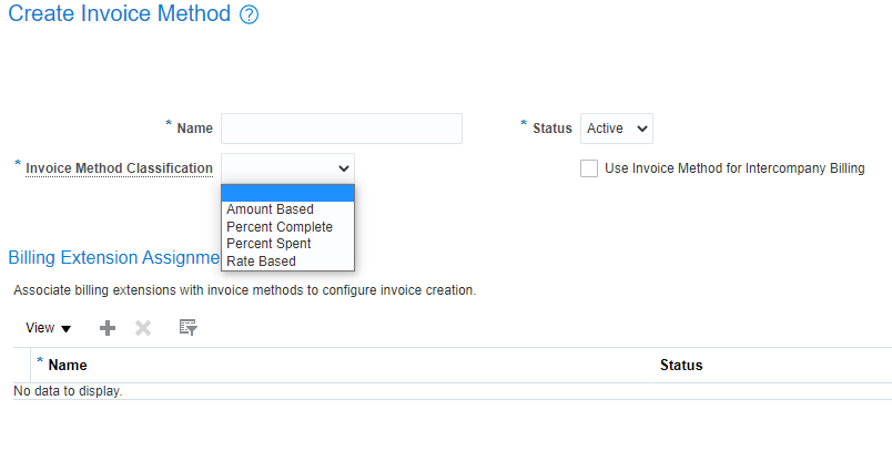 Create Invoice Method page in Oracle PPM Cloud